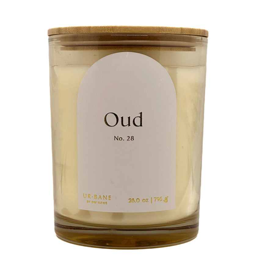 URBANE by DW Home candle with a label reading 'Oud No. 28' on a white background