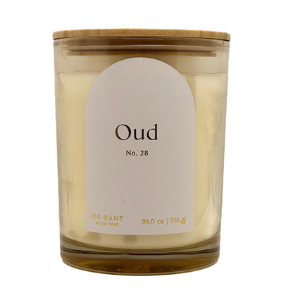 URBANE by DW Home candle with a label reading 'Oud No. 28' on a white background