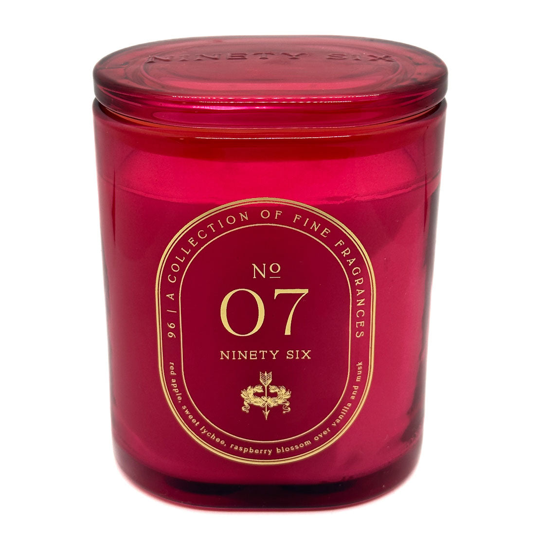 Dw Home Ninety Six - No 7 Red candle jar with gold text on a white background