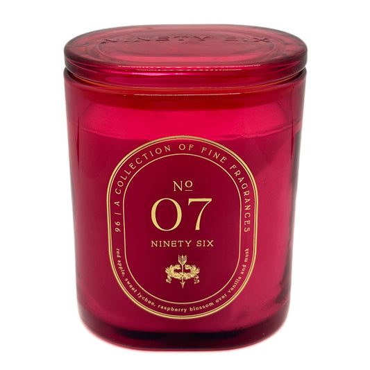 Dw Home Ninety Six - No 7 Red candle jar with gold text on a white background