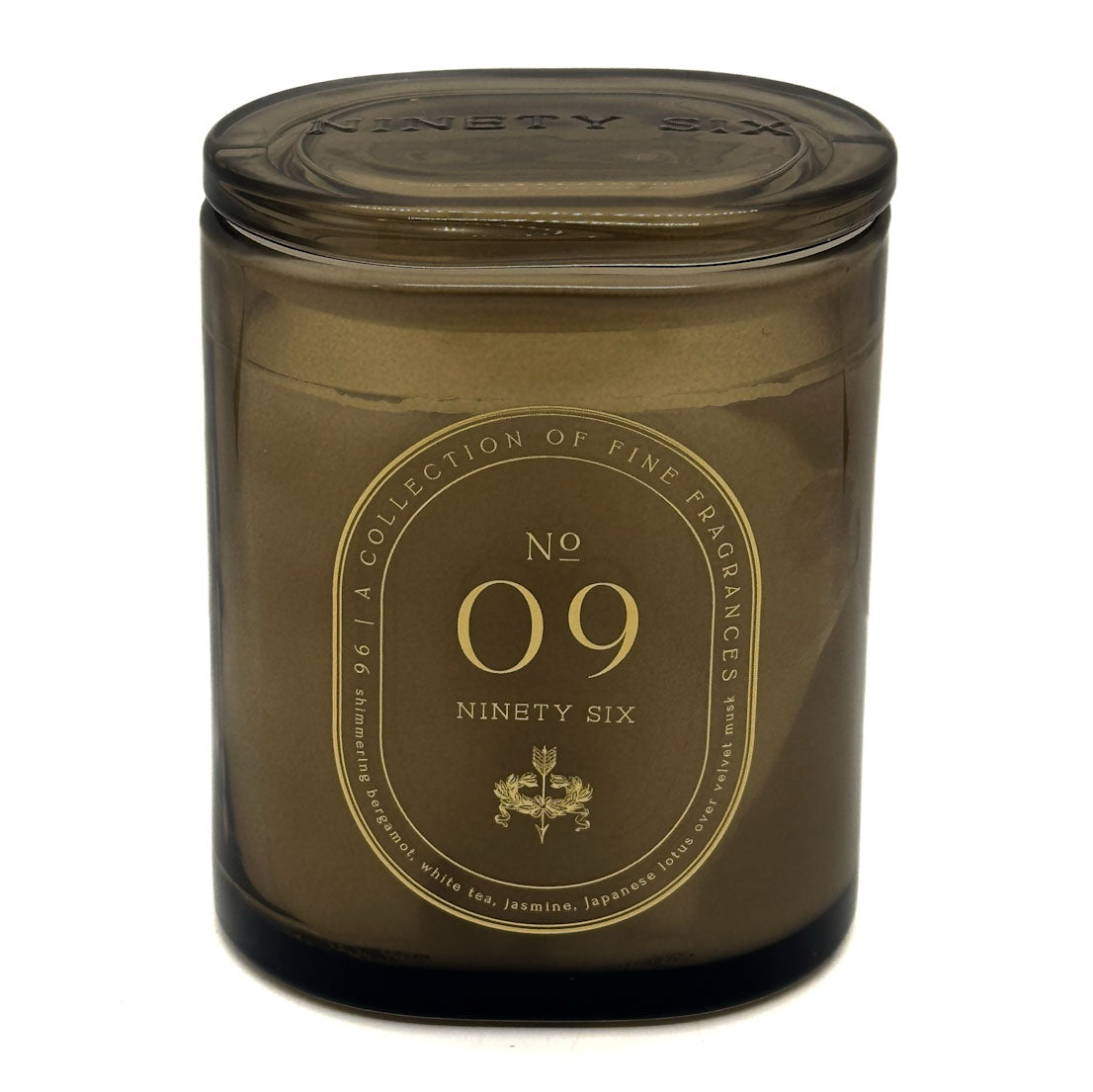 DW Home - Ninety Six No 9 Brown candle jar with gold label on a white background