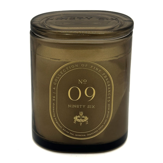 DW Home - Ninety Six No 9 Brown candle jar with gold label on a white background