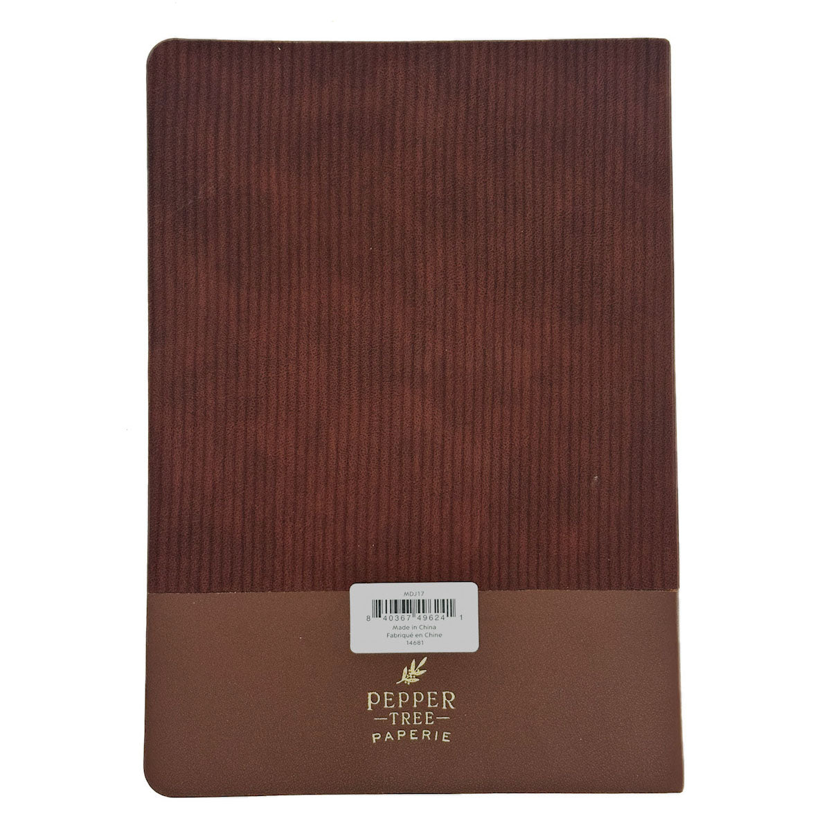 A Pepper Tree Paperie notebook with a dark brown ribbed cover and a tan paper band at the bottom, featuring the brand name in gold foil and a barcode sticker.