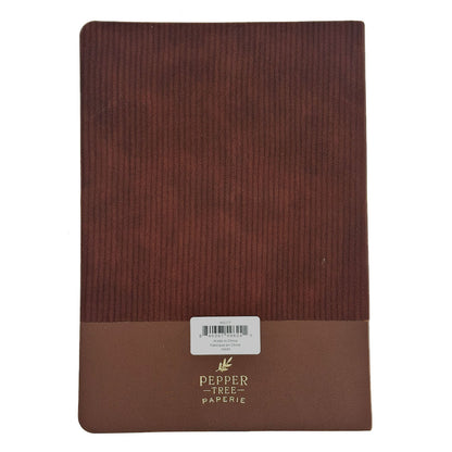 A Pepper Tree Paperie notebook with a dark brown ribbed cover and a tan paper band at the bottom, featuring the brand name in gold foil and a barcode sticker.
