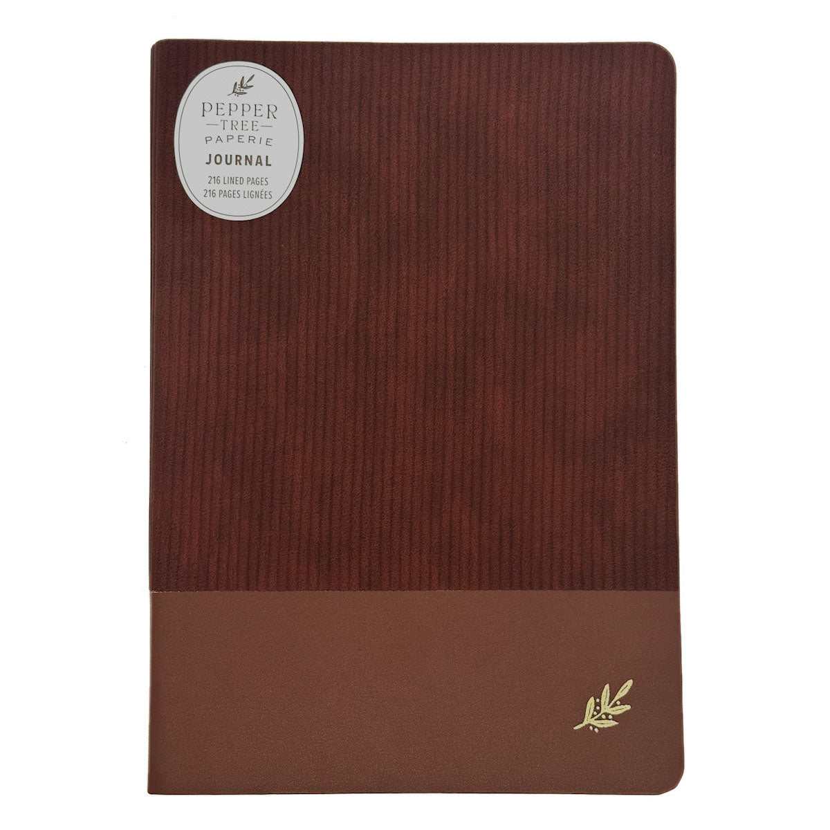 A 210-page journal by Pepper Tree Paperie featuring a dark reddish-brown woodgrain cover with a solid brown band at the bottom and a small gold leaf logo.