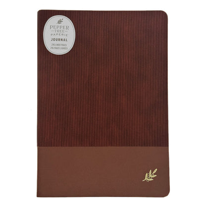 A 210-page journal by Pepper Tree Paperie featuring a dark reddish-brown woodgrain cover with a solid brown band at the bottom and a small gold leaf logo.
