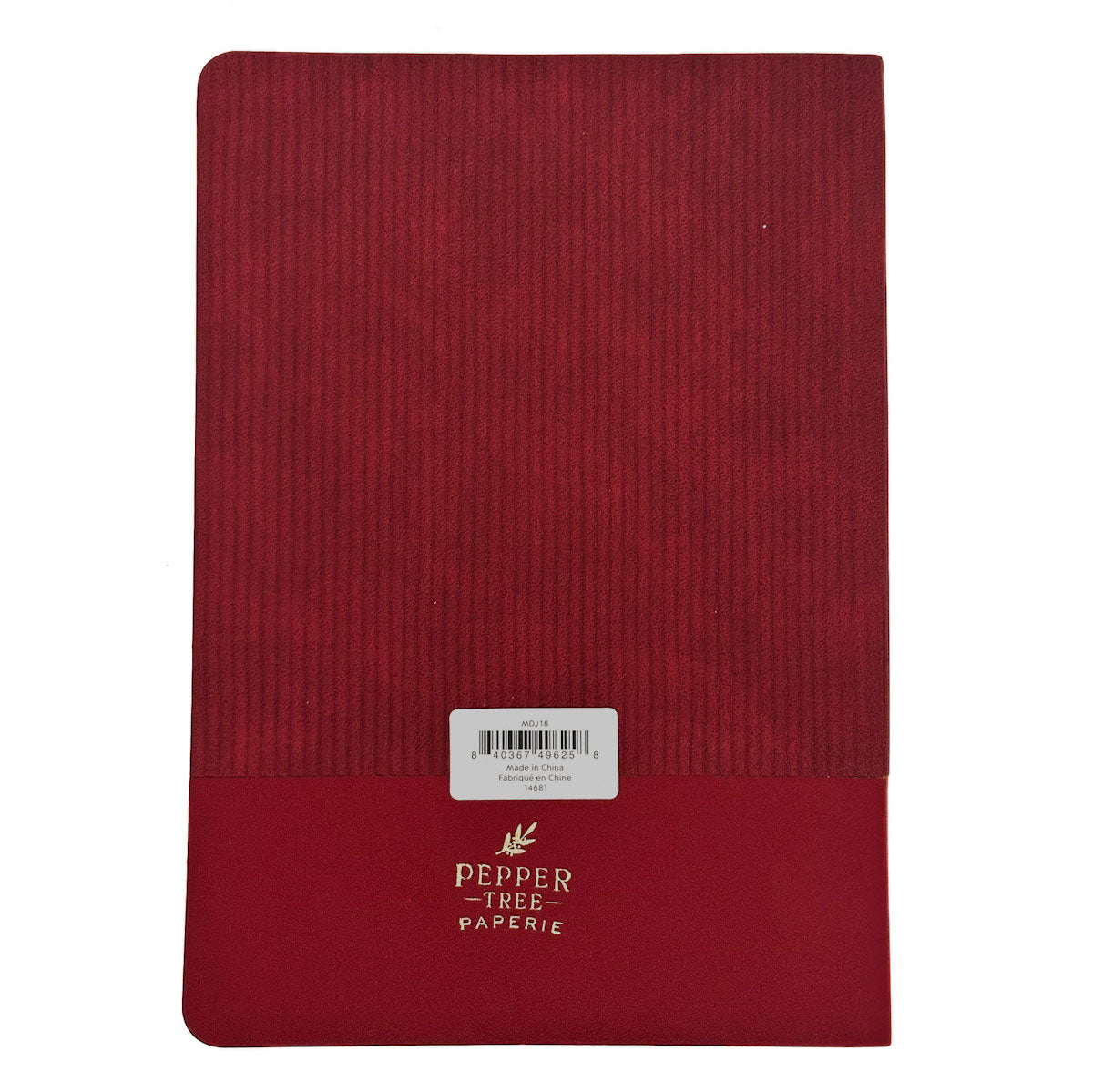 A red textured paper notebook with a solid red cover at the bottom and a white barcode sticker, branded with 'PEPPER TREE PAPIER' in gold foil.