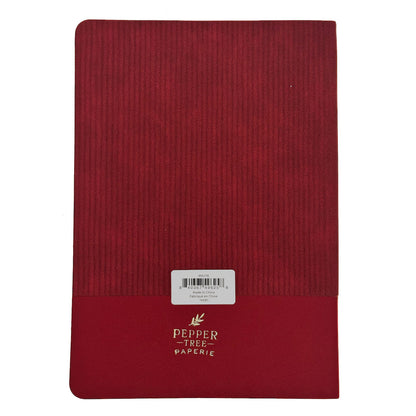 A red textured paper notebook with a solid red cover at the bottom and a white barcode sticker, branded with 'PEPPER TREE PAPIER' in gold foil.