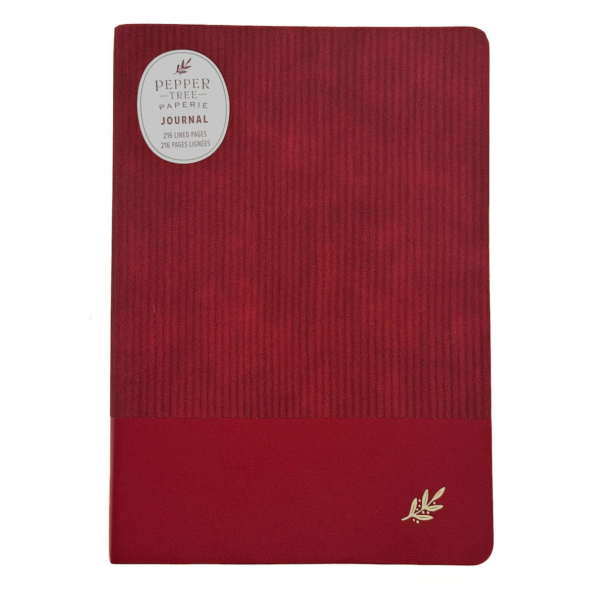 A red textured paper journal with a solid red bottom band, a small gold leaf logo in the lower right, and a circular silver sticker on the upper left, shown on a plain white background.