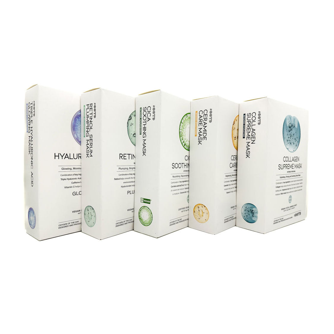 Five boxes of facial masks with different ingredients on a white background