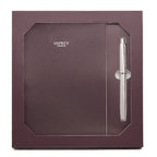 Burgundy leather notebook and pen gift set inside a box, featuring the Osprey London brand.