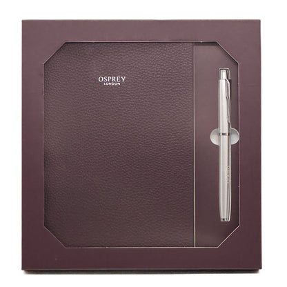 Burgundy leather notebook and pen gift set inside a box, featuring the Osprey London brand.