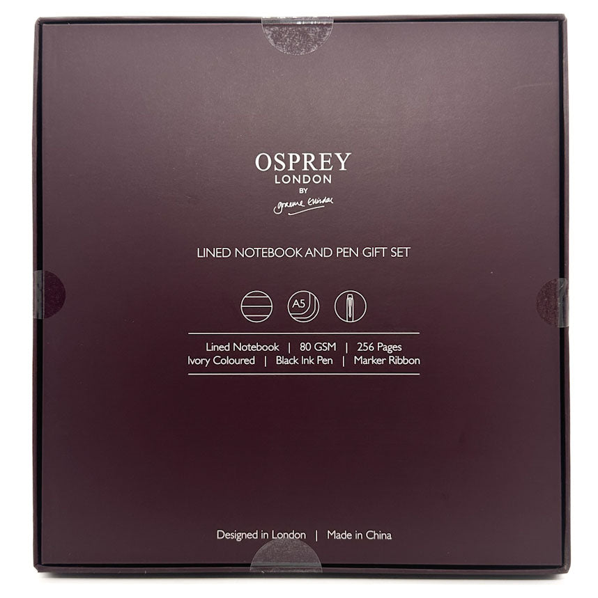 Box for Osprey London lined notebook and pen gift set on a white background