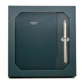 Green leather notebook and pen gift set inside a box, featuring the Osprey London brand.