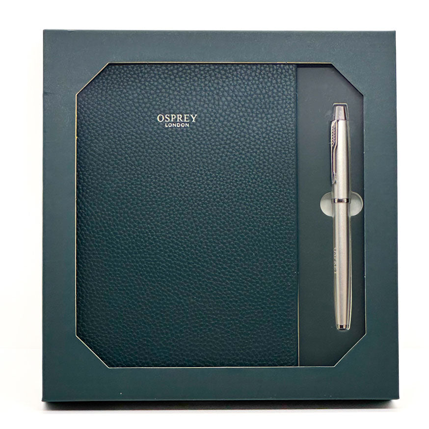 Green leather notebook and pen gift set inside a box, featuring the Osprey London brand.