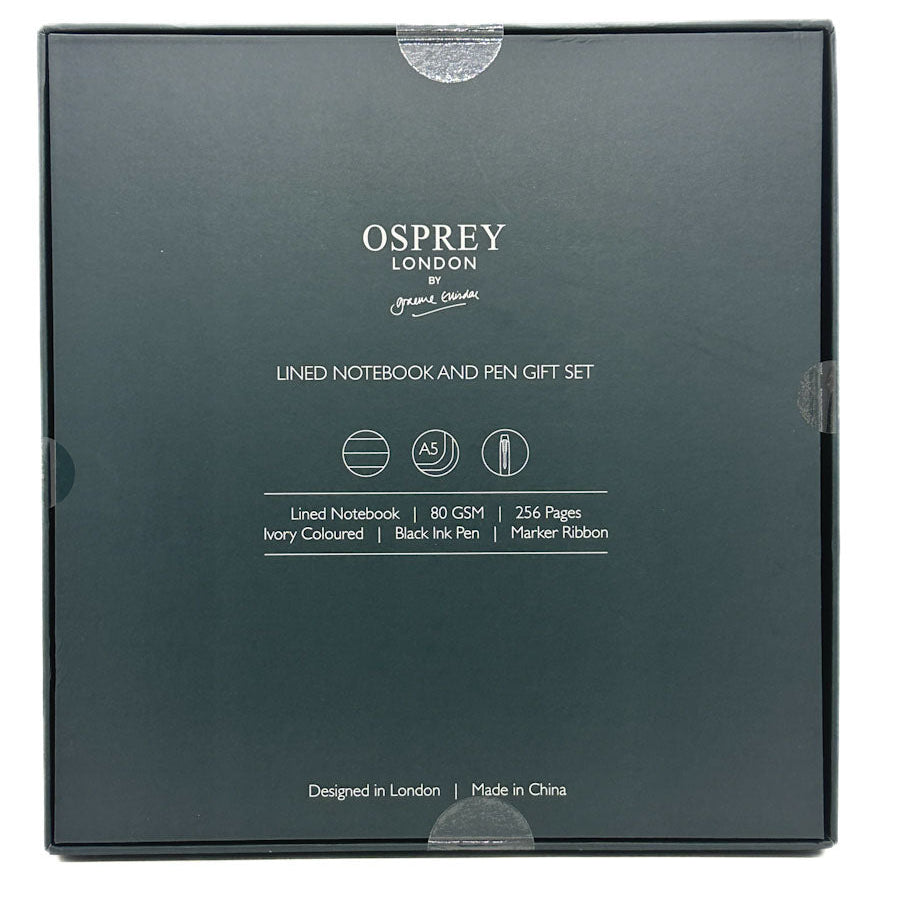 Osprey London lined notebook and pen gift set packaging on a white background