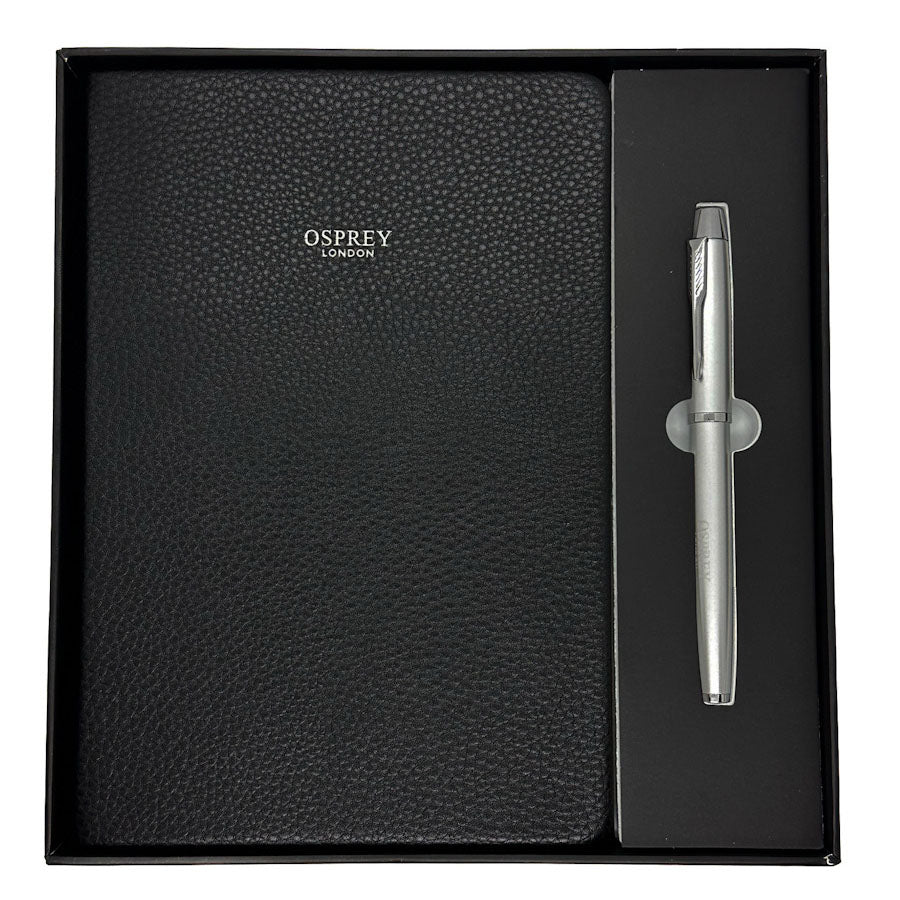 Black leather notebook and pen gift set inside a box, featuring the Osprey London brand.
