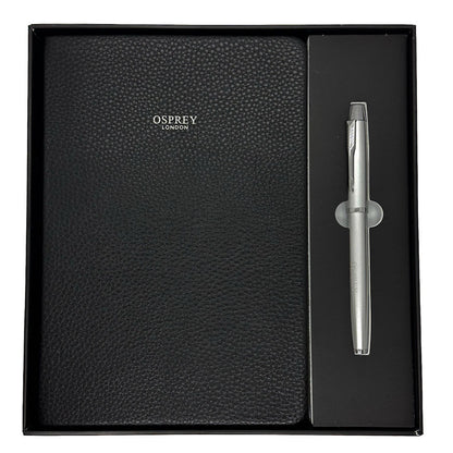 Black leather notebook and pen gift set inside a box, featuring the Osprey London brand.