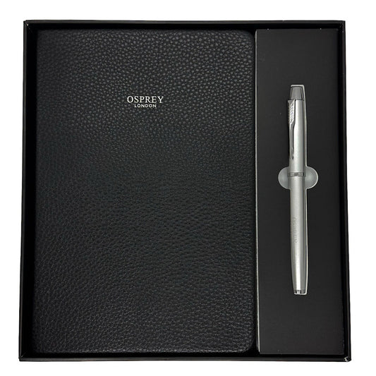 Black leather notebook and pen gift set inside a box, featuring the Osprey London brand.
