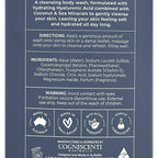 Product label with directions, ingredients, and branding information on a blue background