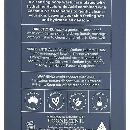Product label with directions, ingredients, and branding information on a blue background