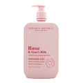 Pink bottle of Organik Botanik Australia Rose & Goat's Milk Shower Gel on a white background