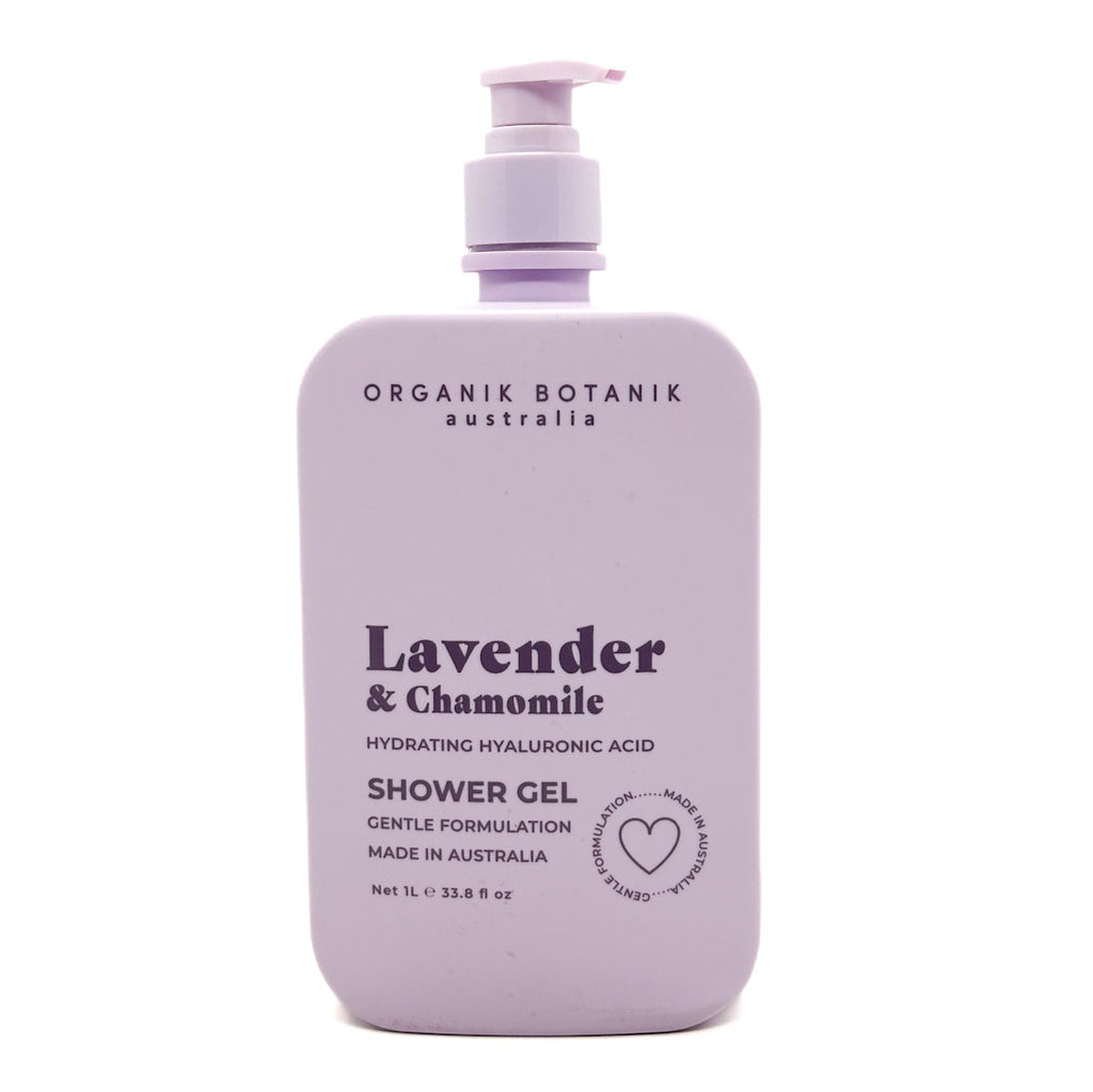 Purple bottle of Organik Botanik Australia Lavender & Chamomile shower gel on a white background