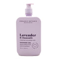Purple bottle of Organik Botanik Australia Lavender & Chamomile shower gel on a white background
