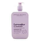 Purple bottle of Organik Botanik Australia Lavender & Chamomile shower gel on a white background