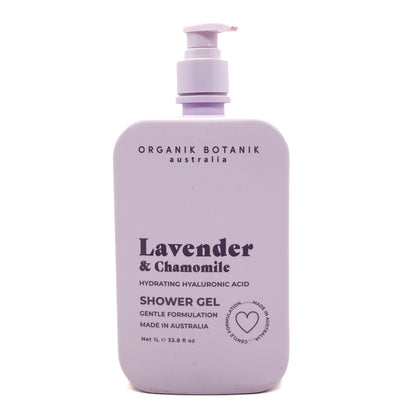 Purple bottle of Organik Botanik Australia Lavender & Chamomile shower gel on a white background