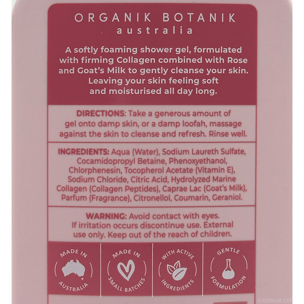 Organik Botanik Australia shower gel packaging with text and icons.