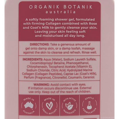 Organik Botanik Australia shower gel packaging with text and icons.