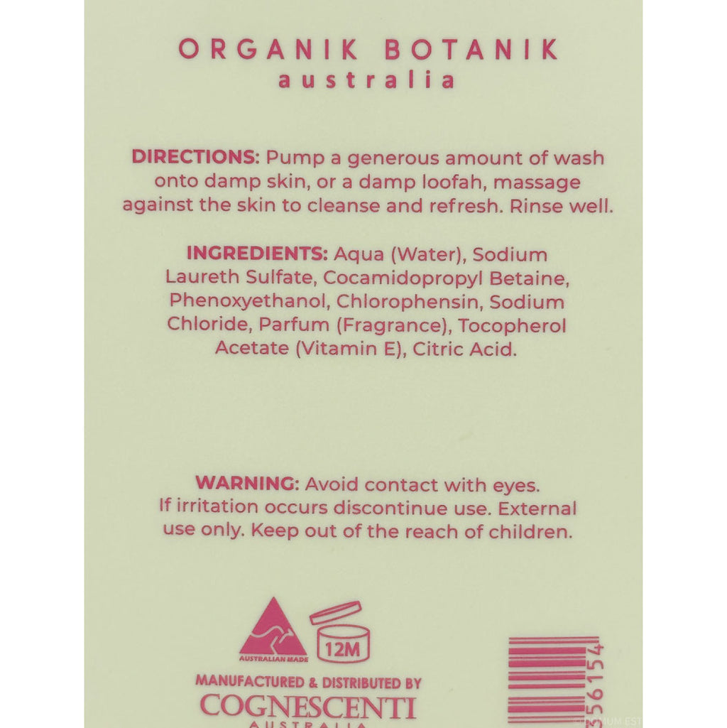 Back of a bottle of Organik Botanik Australia body wash, showing usage directions, ingredients list, warning, and a barcode on a pale beige background.