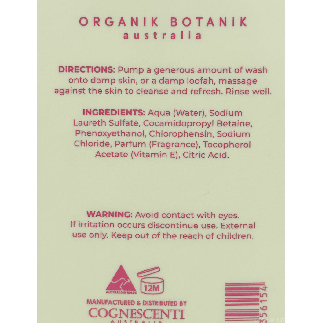 Back of a bottle of Organik Botanik Australia body wash, showing usage directions, ingredients list, warning, and a barcode on a pale beige background.