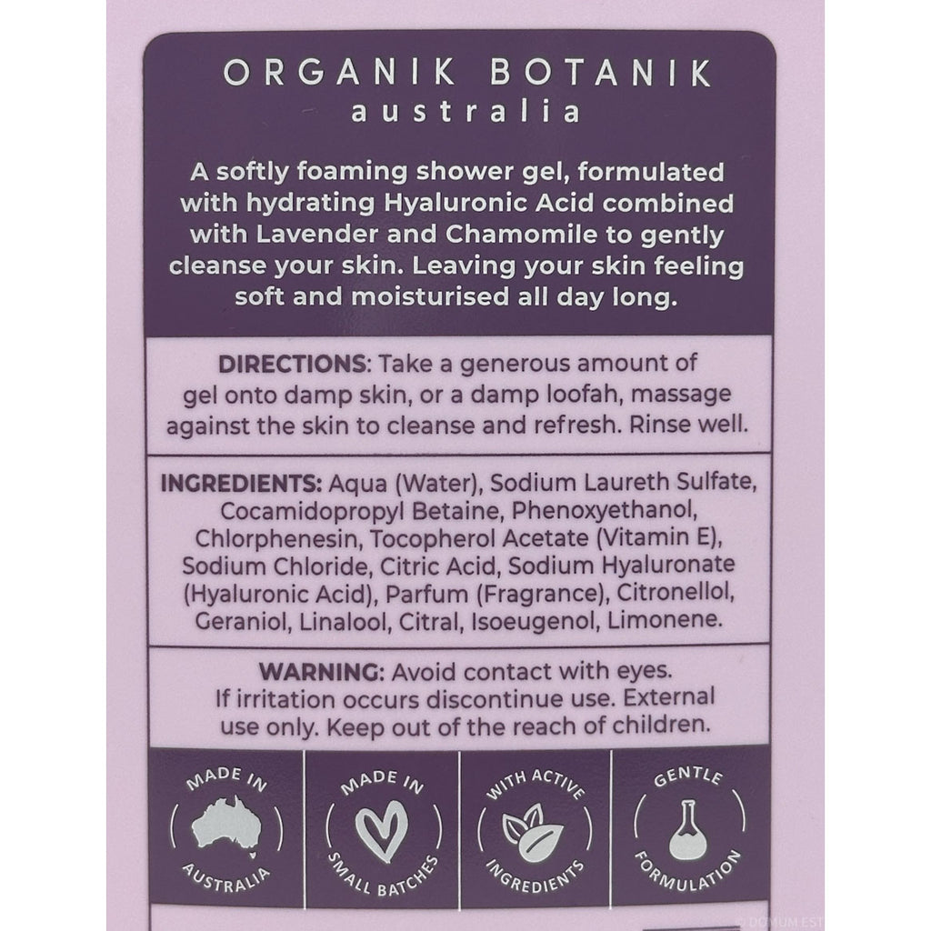 Organik Botanik Australia shower gel label with text and icons on a purple background