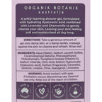 Organik Botanik Australia shower gel label with text and icons on a purple background
