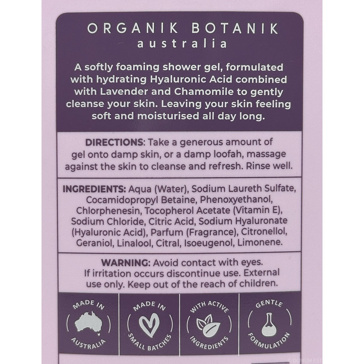 Organik Botanik Australia shower gel label with text and icons on a purple background
