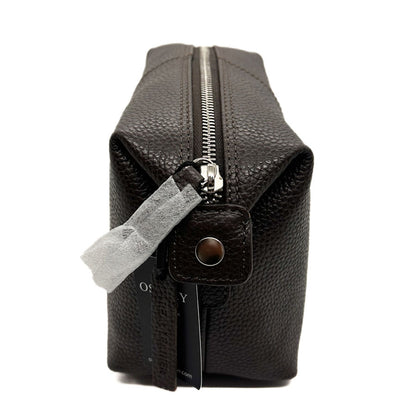 Osprey Brown leather Blake turned ends washbag with zipper and button detail on a white background