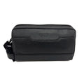 Black leather wash bag with Osprey logo on a white background