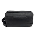 Black leather wash bag with Osprey logo on a white background