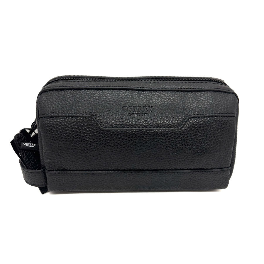 Black leather wash bag with Osprey logo on a white background