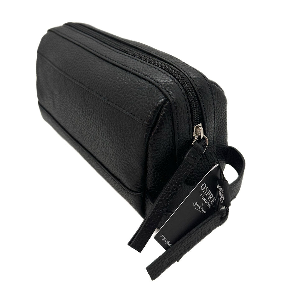 Black leather bag with handle strap on a white background