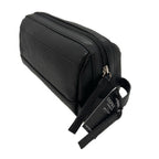 Black leather bag with handle strap on a white background