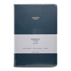 Blue textured notebook with Osprey London branding on a white background