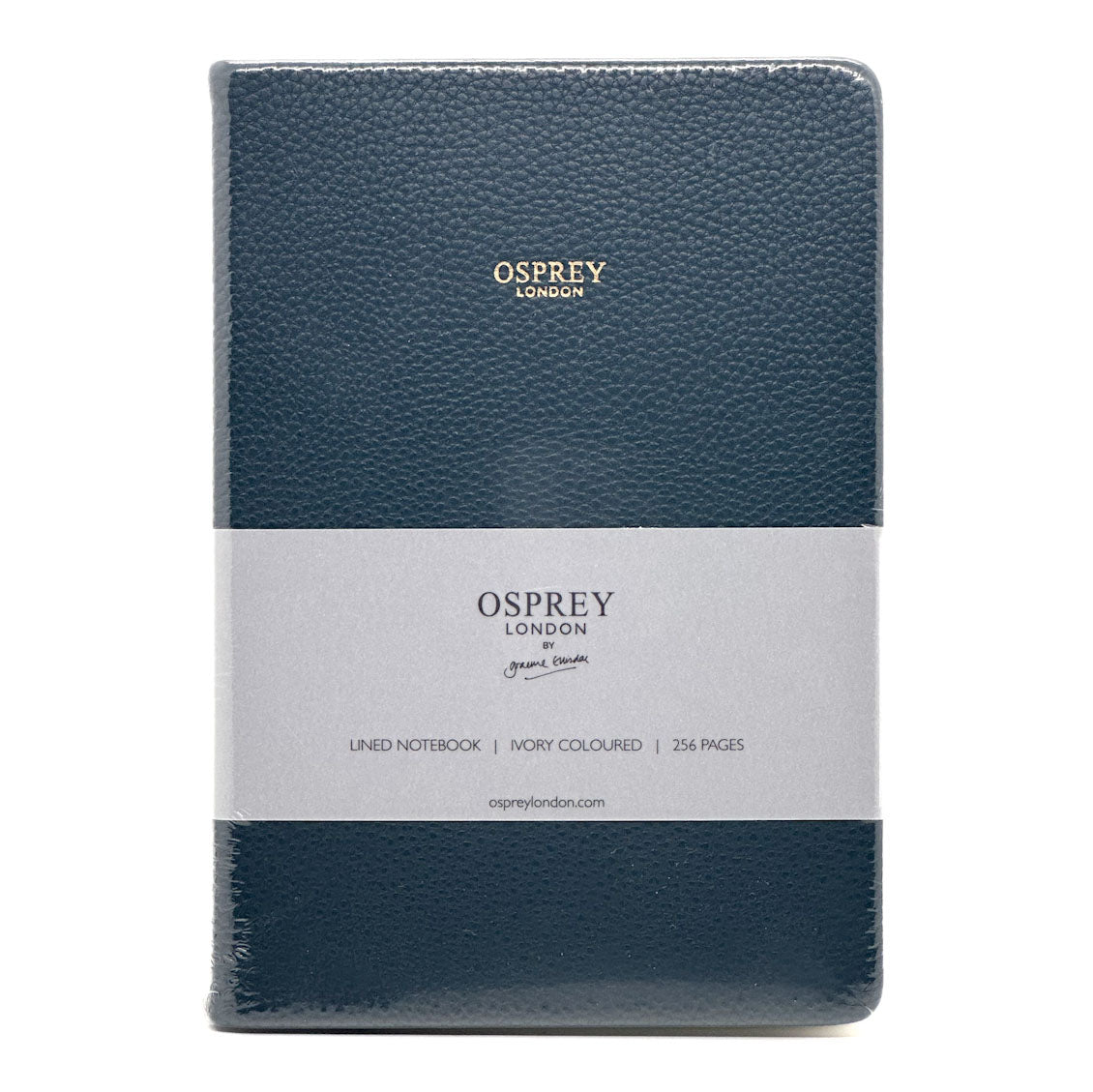 Blue textured notebook with Osprey London branding on a white background