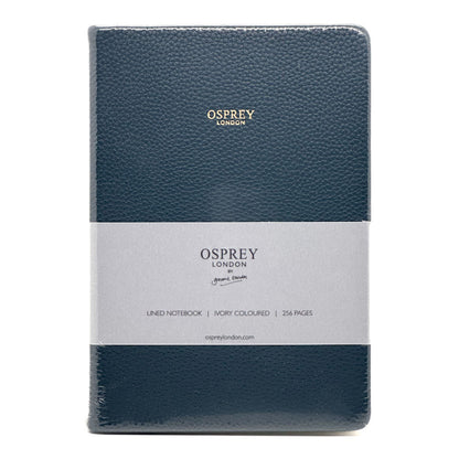 Blue textured notebook with Osprey London branding on a white background