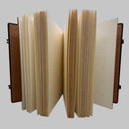 Open notebook with lined pages on a gray background