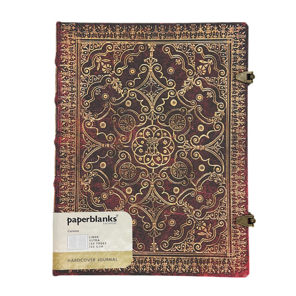 Carmine Equinoxe decorative journal with intricate gold patterns on a red background, featuring the brand 'paperblanks'.