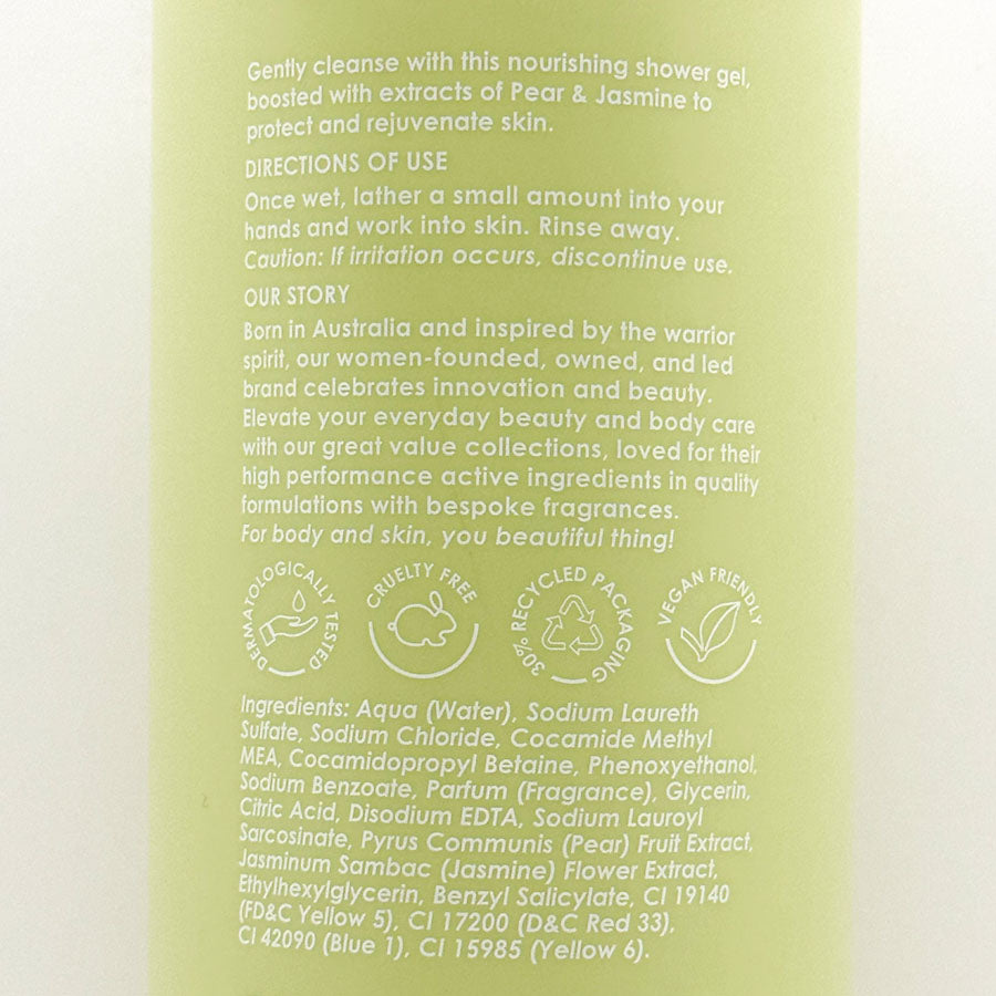 Back of a green bottle with text and product details on a white background