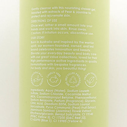 Back of a green bottle with text and product details on a white background